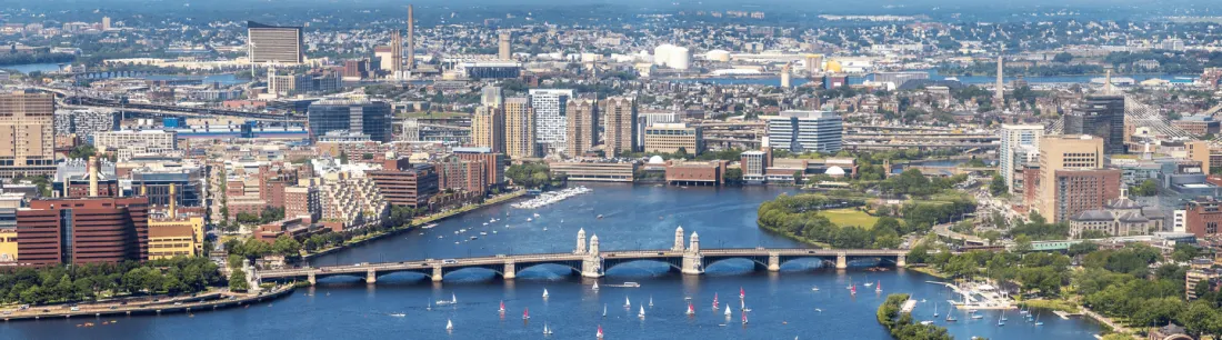 Aerial view of the Charles River and the Boston skyline